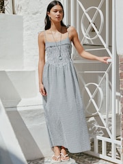 Monochrome Gingham Tie Shoulder Midi Summer Dress - Image 5 of 6