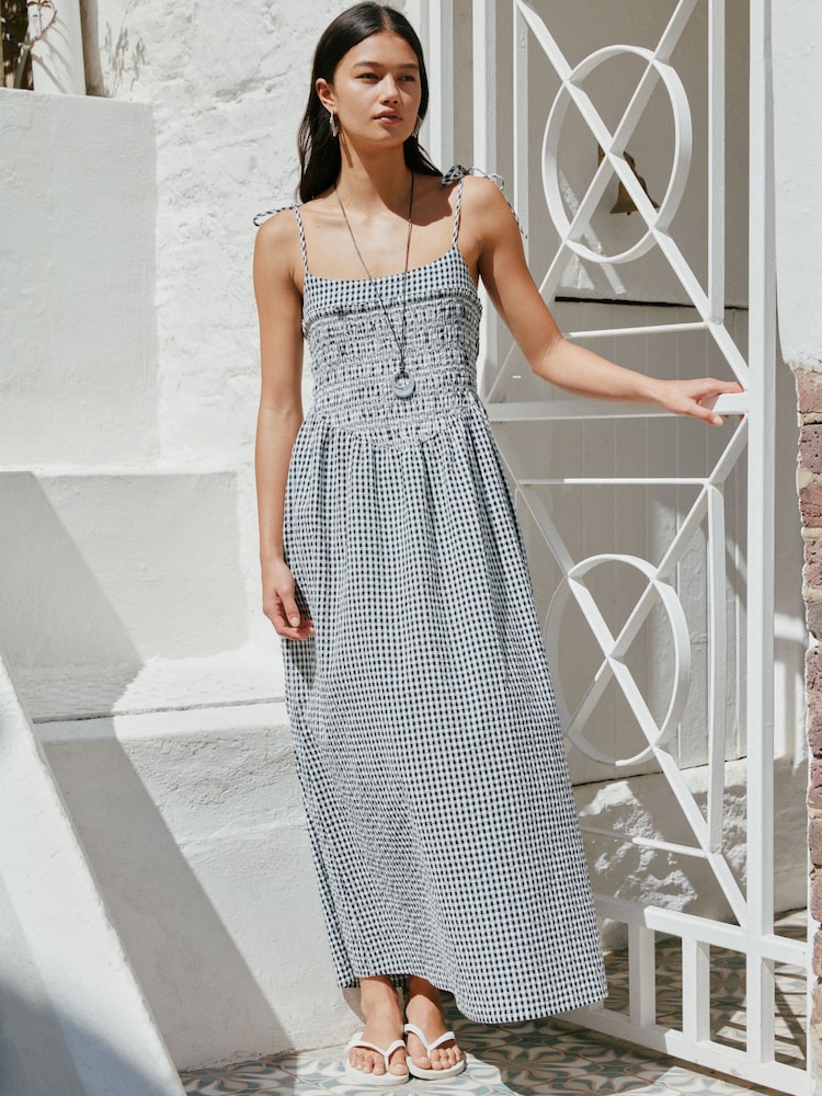 Buy Black/White Gingham Tie Shoulder Midi Summer Dress from Next USA