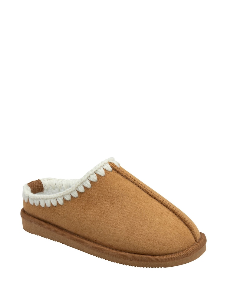 Dunlop Cream Faux Suede Whipstitch Mule Slippers - Image 1 of 4 Dunlop Cream Faux Suede Whipstitch Mule Slippers - Image 1 of 4