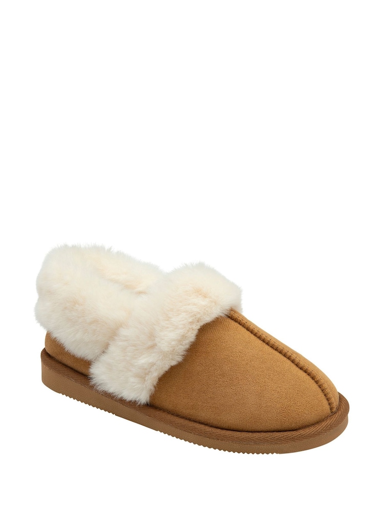 Dunlop Brown Faux Suede Collar Full Slippers - Image 1 of 4