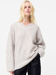 French Connection Grey Kezia Vertical V-Neck Jumper - Image 1 of 4