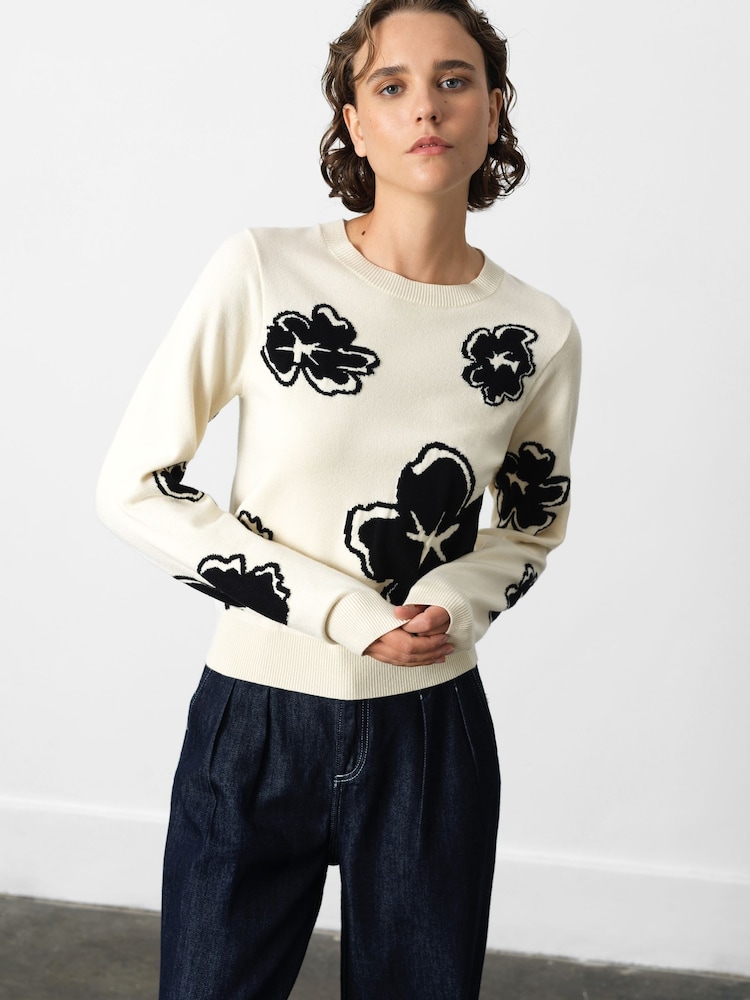 French Connection White Paislee Floral Print Jacquard Jumper - Image 1 of 4 French Connection White Paislee Floral Print Jacquard Jumper - Image 1 of 4