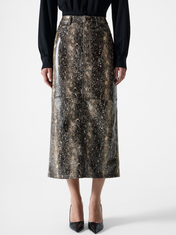 French Connection Animal Brandy Snakeskin Midi PU Skirt - Image 1 of 5