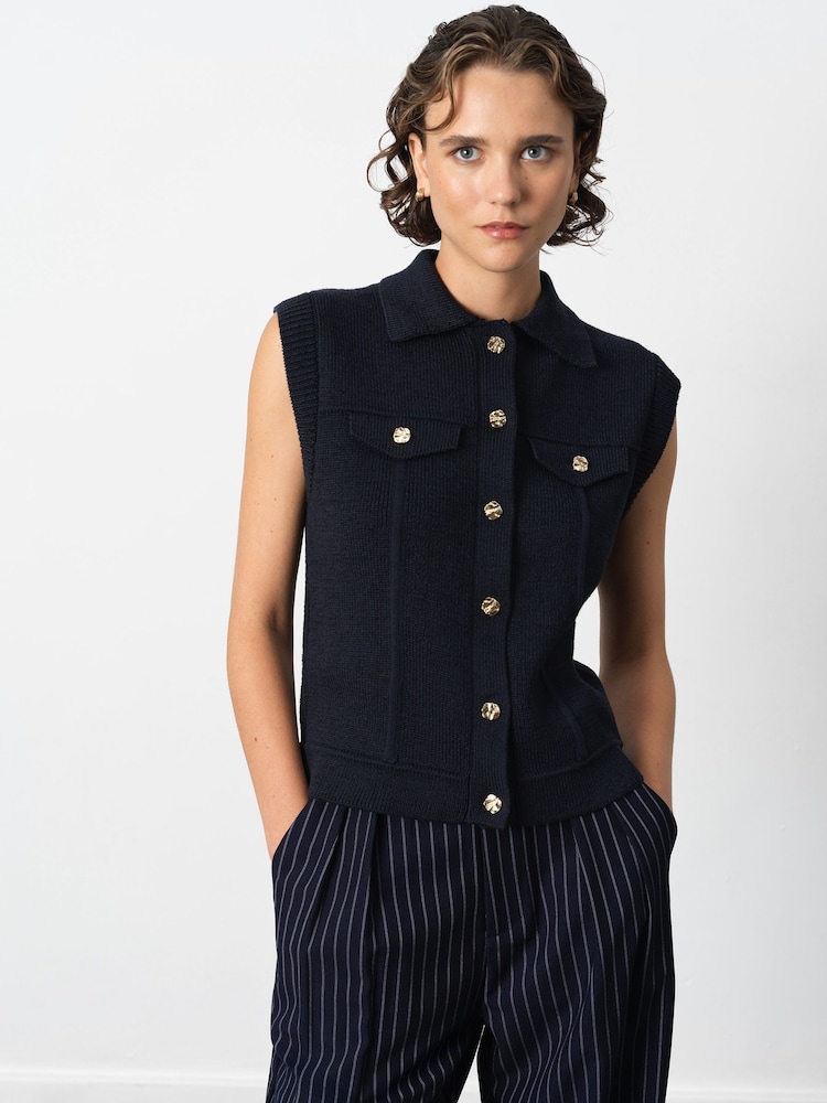 French Connection Blue Roland Knit Collared Gilet - Image 1 of 4