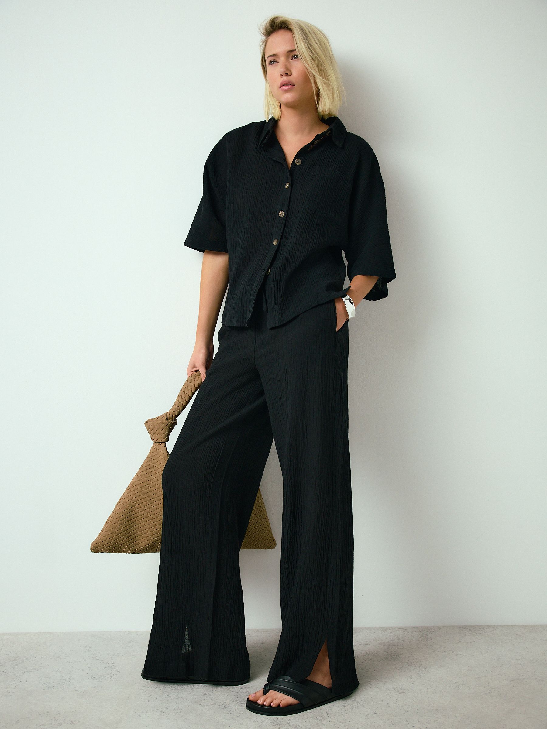 Buy Black Textured Wide Leg Trousers with Linen from Next USA