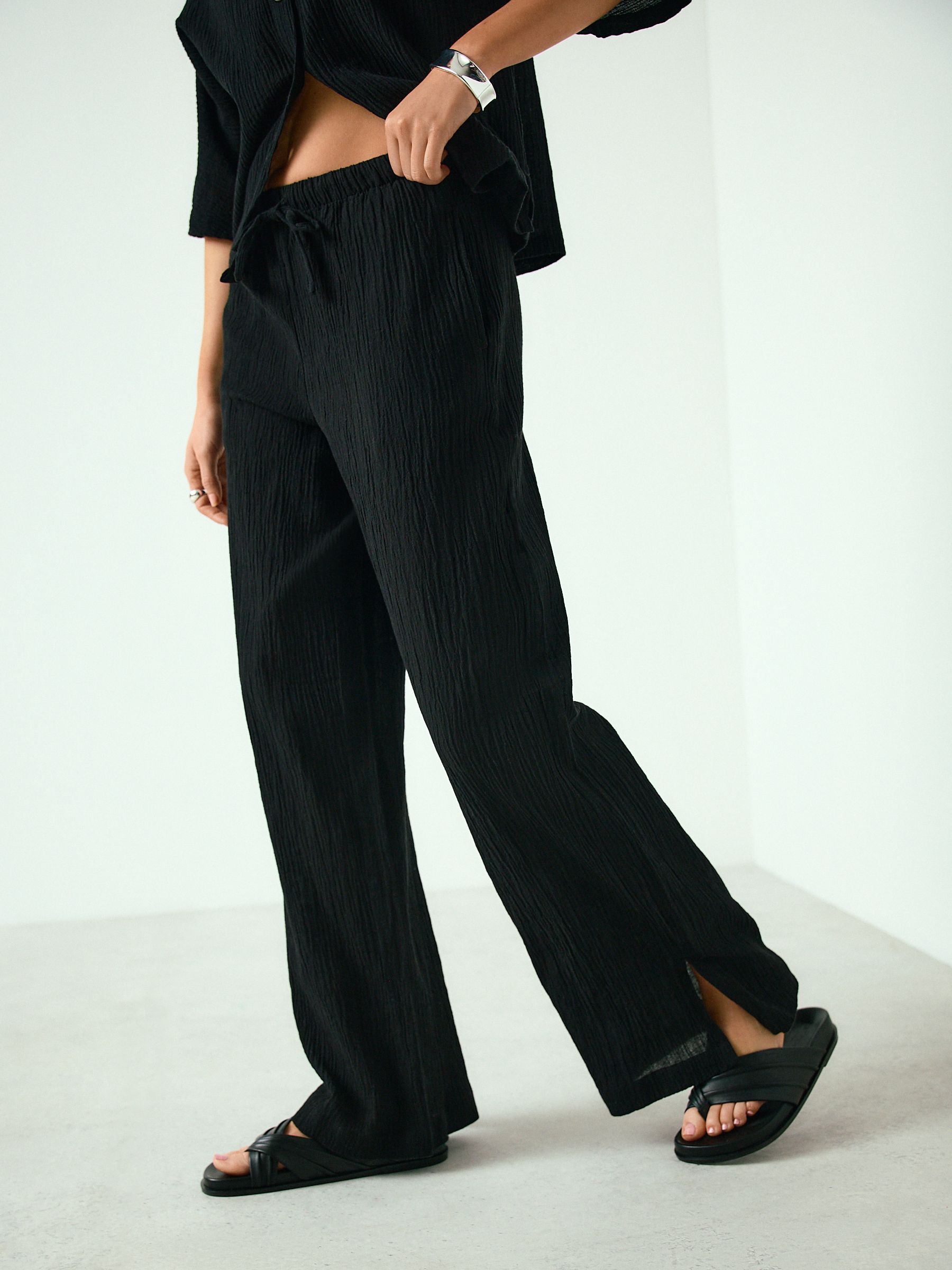 Buy Black Textured Wide Leg Trousers with Linen from Next USA