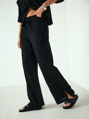 Black Textured Wide Leg Trousers with Linen - Image 3 of 6