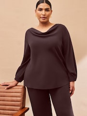 Live Unlimited Brown Curve Chocolate Cowl Neck Blouson Sleeve Blouse - Image 2 of 4