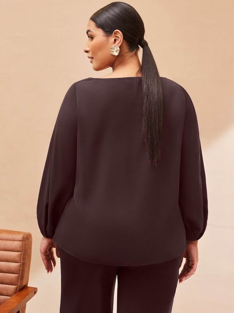 Live Unlimited Brown Curve Chocolate Cowl Neck Blouson Sleeve Blouse - Image 4 of 4 Live Unlimited Brown Curve Chocolate Cowl Neck Blouson Sleeve Blouse - Image 4 of 4