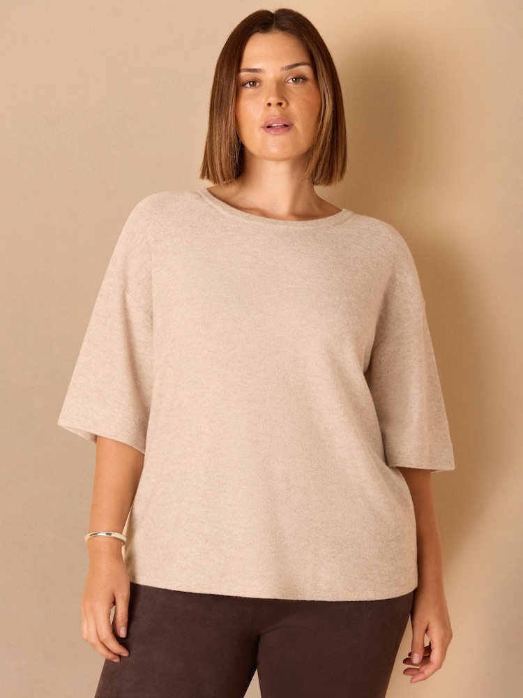Live Unlimited Cream Ribbed Detail Round Neck T-Shirt - Image 1 of 4 Live Unlimited Cream Ribbed Detail Round Neck T-Shirt - Image 1 of 4