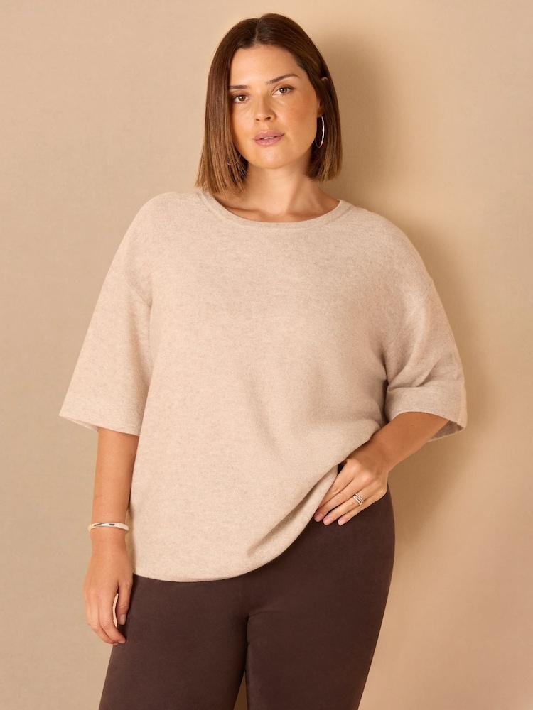 Live Unlimited Cream Ribbed Detail Round Neck T-Shirt - Image 2 of 4 Live Unlimited Cream Ribbed Detail Round Neck T-Shirt - Image 2 of 4