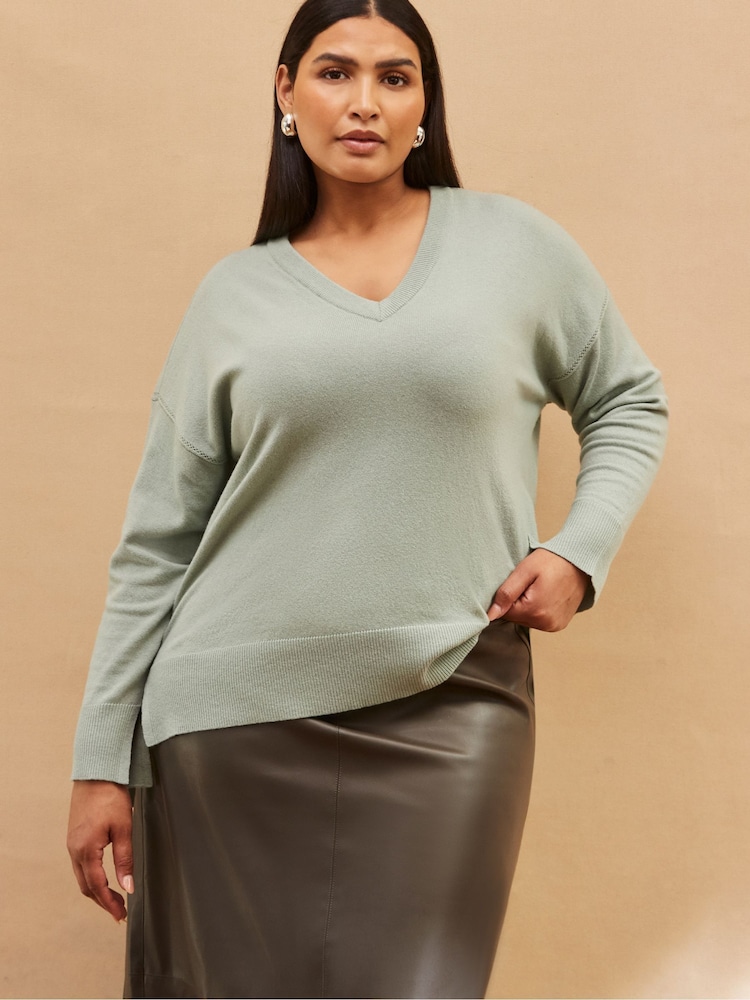 Live Unlimited Green V-Neck Knit Jumper - Image 1 of 5 Live Unlimited Green V-Neck Knit Jumper - Image 1 of 5