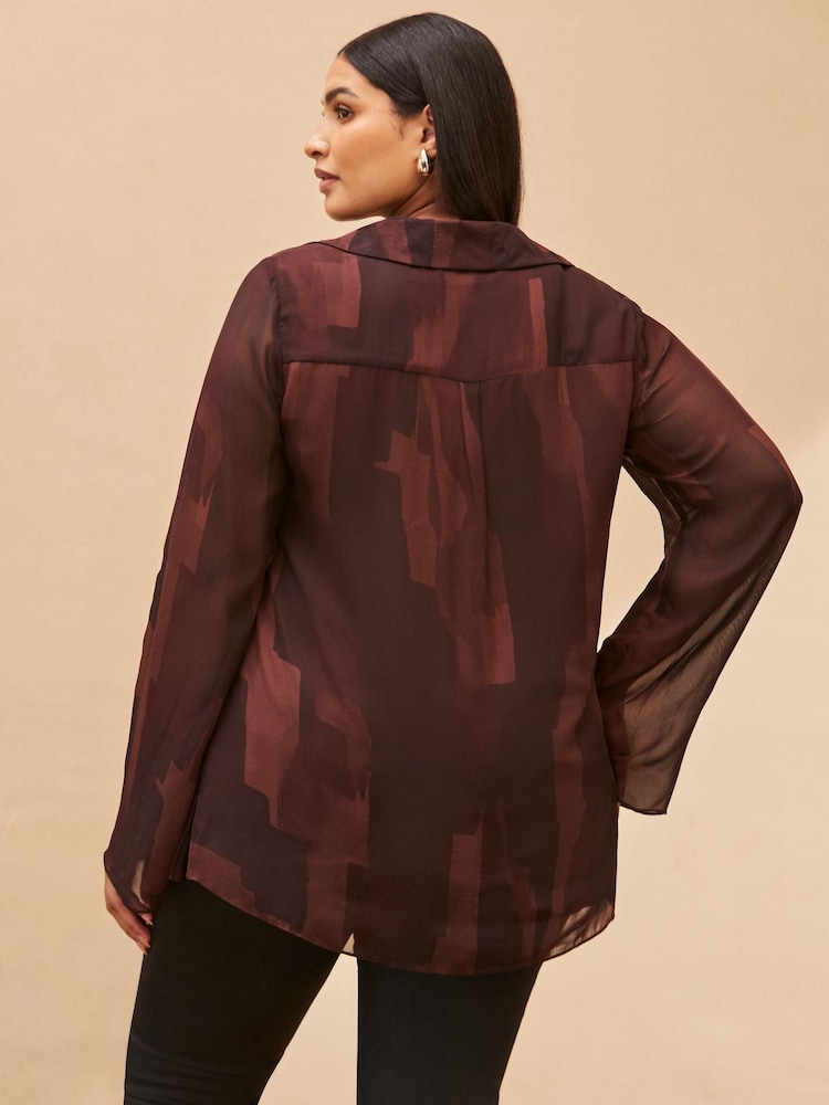 Live Unlimited Brown Abstract Print V-Neck Collared Tunic - Image 1 of 4 Live Unlimited Brown Abstract Print V-Neck Collared Tunic - Image 1 of 4