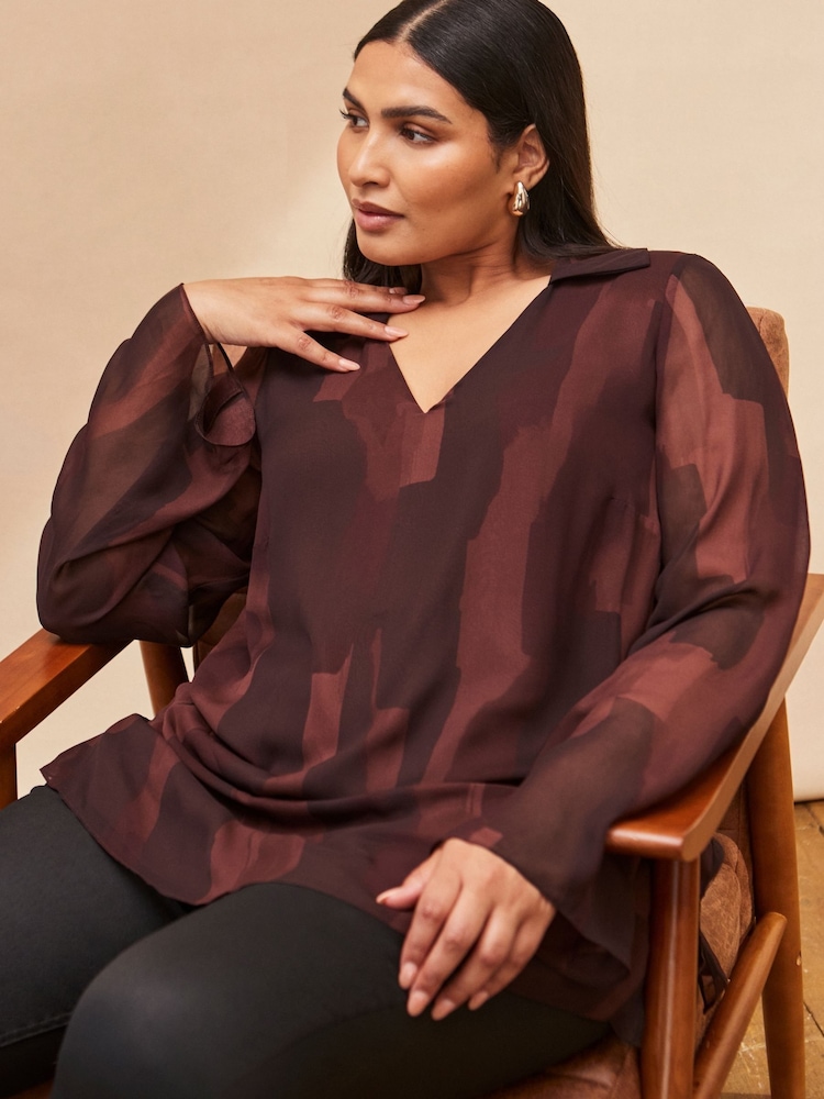 Live Unlimited Brown Abstract Print V-Neck Collared Tunic - Image 2 of 4