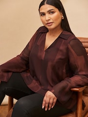 Live Unlimited Brown Abstract Print V-Neck Collared Tunic - Image 3 of 4