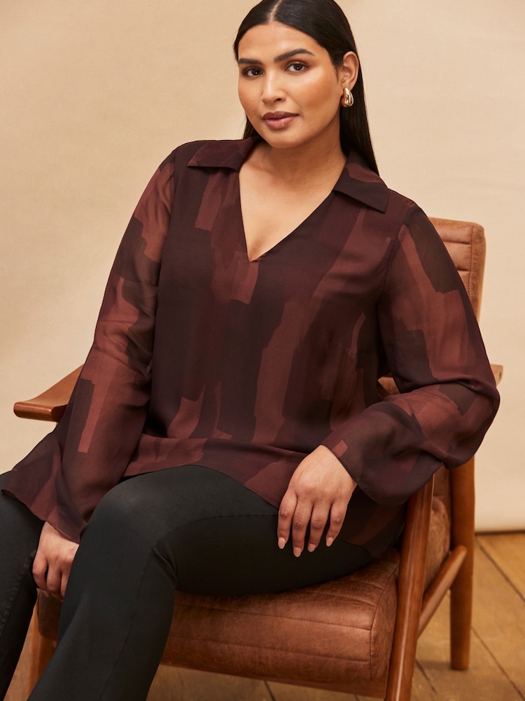 Live Unlimited Brown Abstract Print V-Neck Collared Tunic - Image 4 of 4