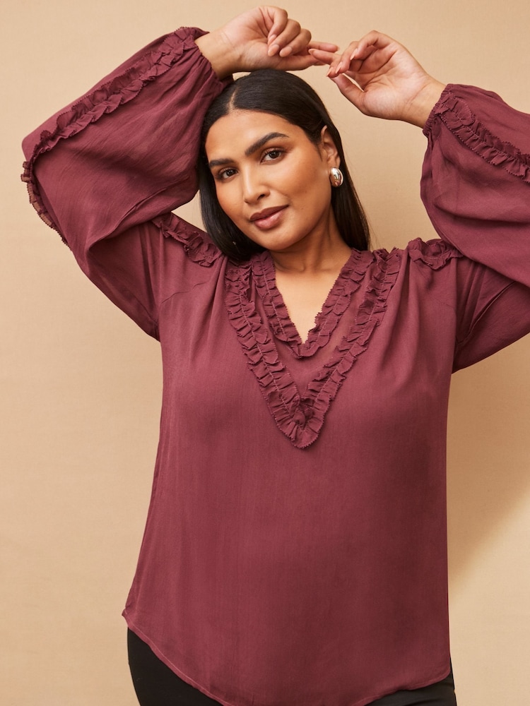 Live Unlimited Purple Frill Trim V-Neck Blouse - Image 1 of 4