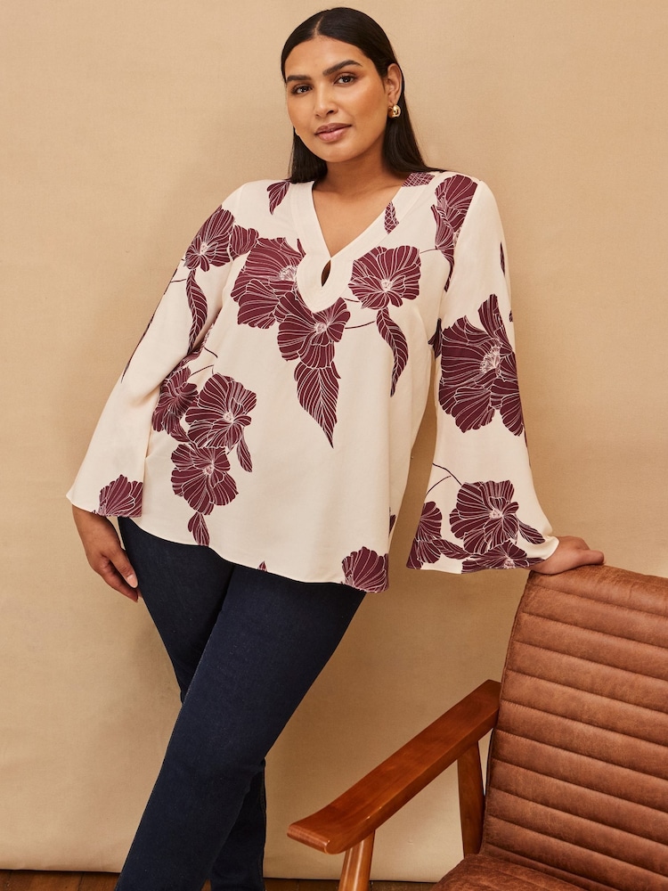 Live Unlimited Cream Floral Print Flared Sleeve V-Neck Blouse - Image 1 of 4 Live Unlimited Cream Floral Print Flared Sleeve V-Neck Blouse - Image 1 of 4