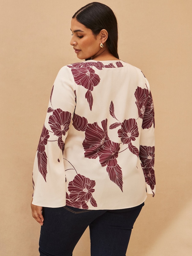 Live Unlimited Cream Floral Print Flared Sleeve V-Neck Blouse - Image 2 of 4 Live Unlimited Cream Floral Print Flared Sleeve V-Neck Blouse - Image 2 of 4