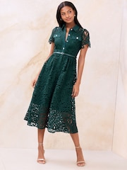 Lipsy Teal Blue Petite Premium Lace Shirt Maxi Dress - Image 1 of 4