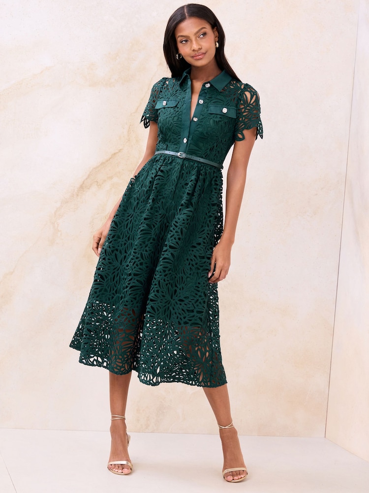 Lipsy Teal Blue Petite Premium Lace Shirt Maxi Dress - Image 1 of 4