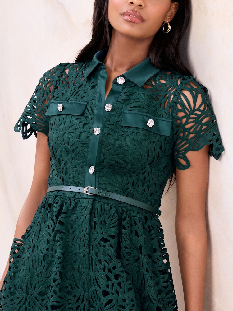 Lipsy Teal Blue Petite Premium Lace Shirt Maxi Dress - Image 2 of 4