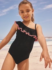 Black Embroidered One Shoulder Swimsuit (3-16yrs) - Image 1 of 7