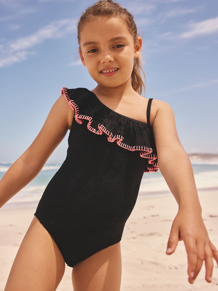 Black Embroidered One Shoulder Swimsuit (3-16yrs) - Image 1 of 7
