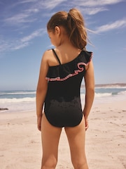Black Embroidered One Shoulder Swimsuit (3-16yrs) - Image 2 of 7