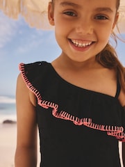 Black Embroidered One Shoulder Swimsuit (3-16yrs) - Image 3 of 7
