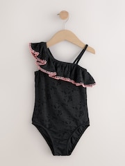 Black Embroidered One Shoulder Swimsuit (3-16yrs) - Image 4 of 7