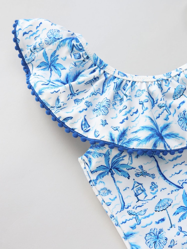 Blue Palm Print One Shoulder Swimsuit (3-16yrs) - Image 7 of 7