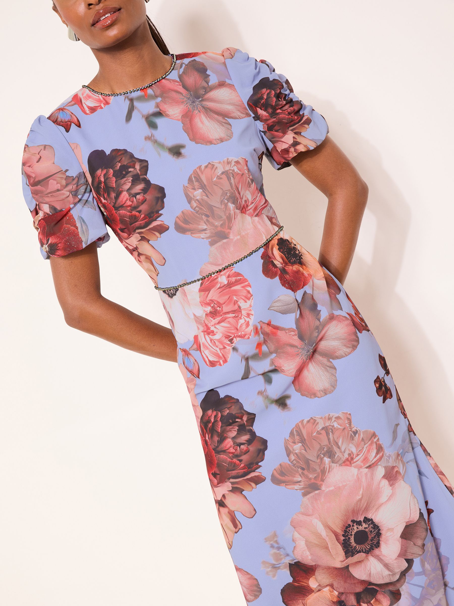 Buy Lipsy Blue Bead Trim Floral Print Fit And Flare Midi Dress