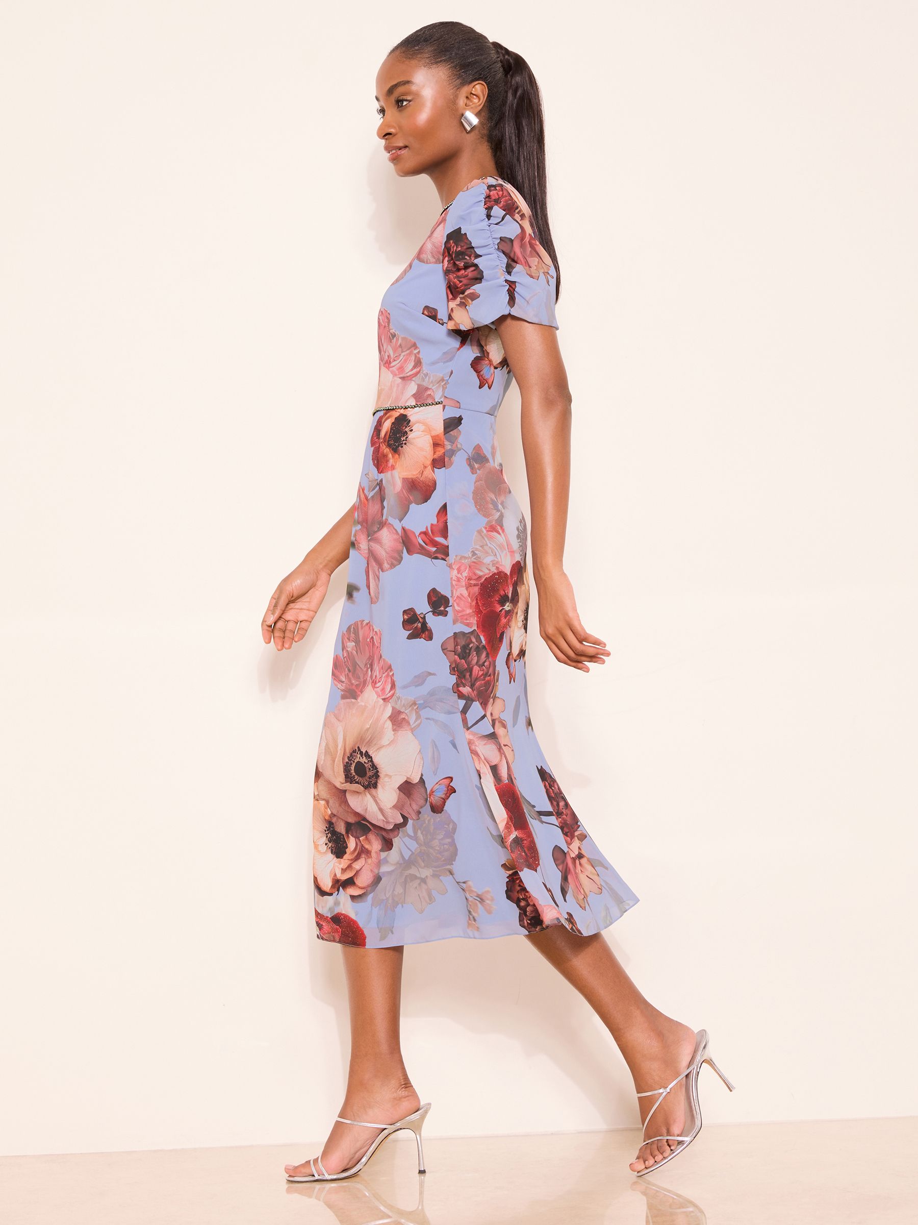 Buy Lipsy Blue Bead Trim Floral Print Fit And Flare Midi Dress