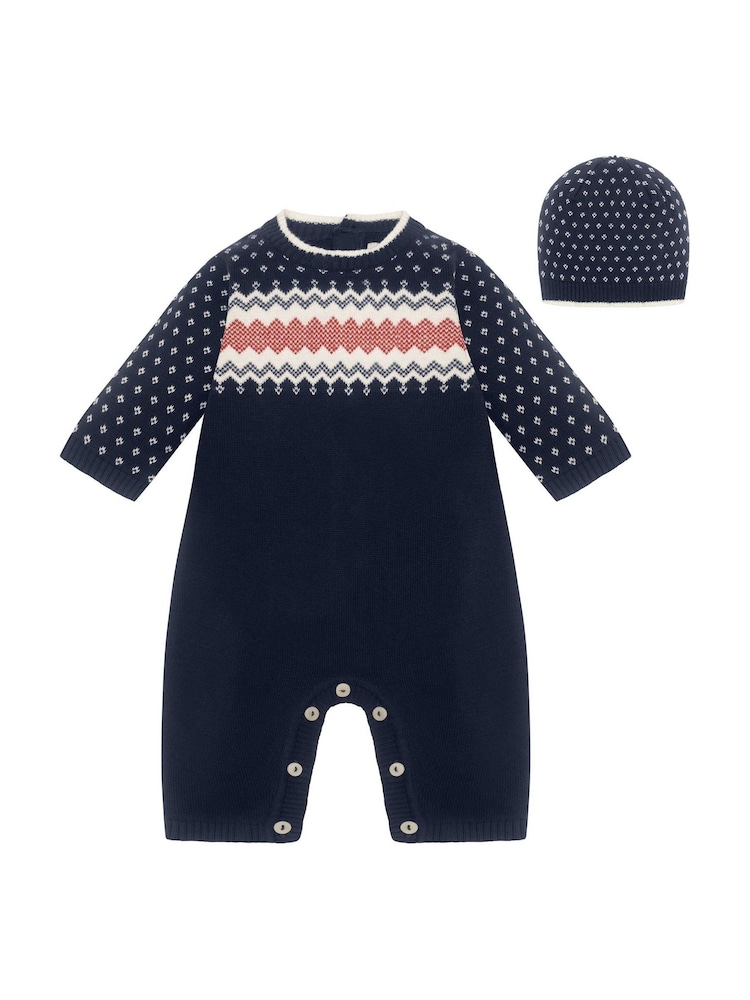 Emile Et Rose Blue Keane Knitted All-In-One with Striking Fairisle Design and Hat - Image 2 of 6