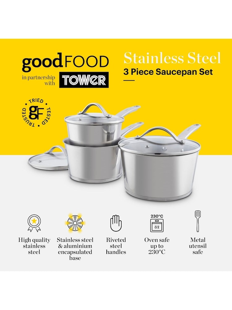 Good Food 3 Piece Stainless Steel Saucepan Set - Image 2 of 10