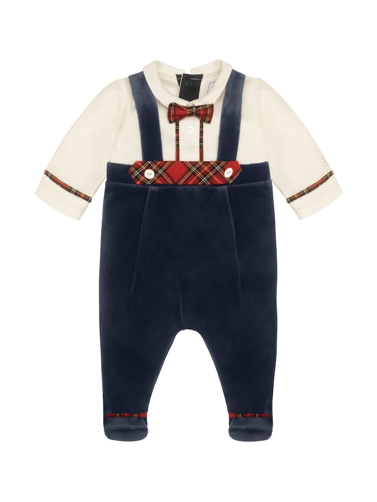 Emile Et Rose Blue Kenneth All-In-One with Navy Velour Lower Braces and Tartan Trim - Image 2 of 4 Emile Et Rose Blue Kenneth All-In-One with Navy Velour Lower Braces and Tartan Trim - Image 2 of 4