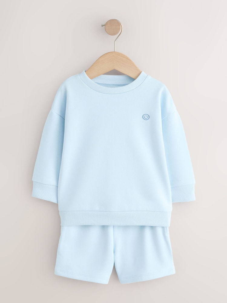 ہلکا نیلا - پلین کریو نیک سویٹ شرٹ اور شارٹس سیٹ (3ماہ-7سال) - تصویر 1 از 5