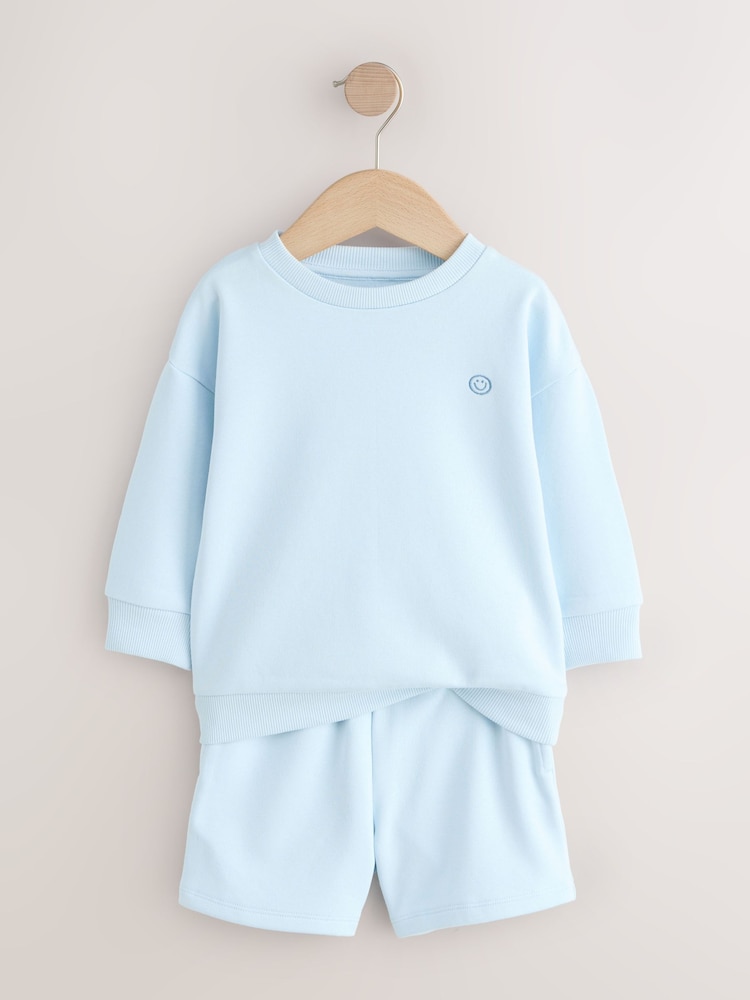 ہلکا نیلا - پلین کریو نیک سویٹ شرٹ اور شارٹس سیٹ (3ماہ-7سال) - تصویر 2 از 5