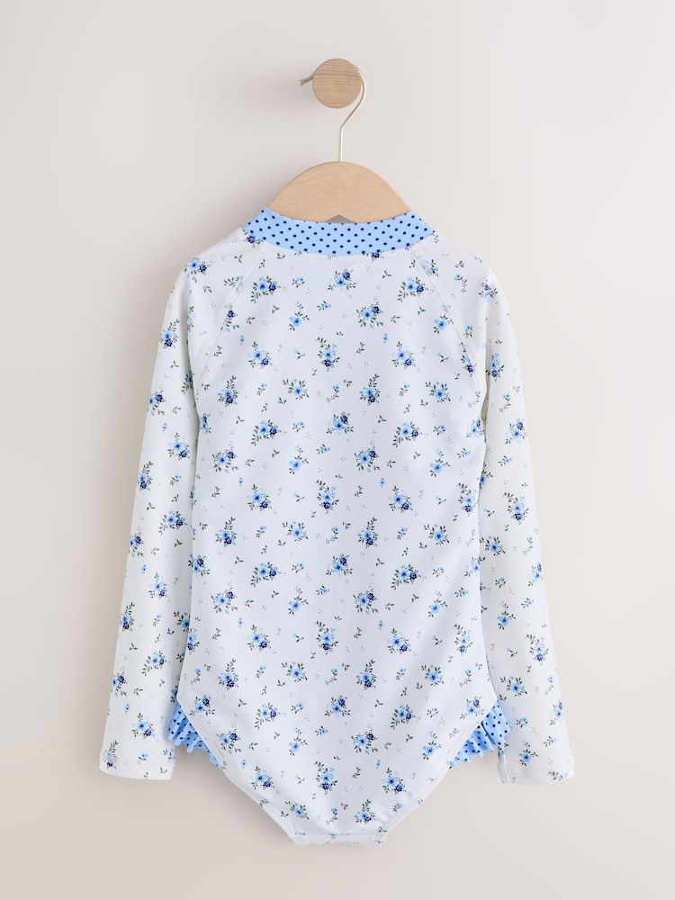 Blue/White Floral Polka Dot Long Sleeve Sunsafe Swimsuit (3mths-16yrs) - Image 2 of 4 Blue/White Floral Polka Dot Long Sleeve Sunsafe Swimsuit (3mths-16yrs) - Image 2 of 4