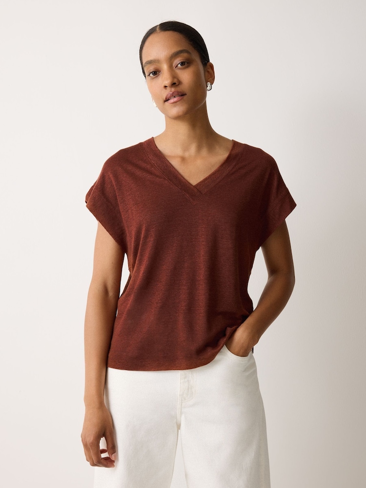 Jigsaw Brown Linen V-Neck T-Shirt - Image 1 of 5 Jigsaw Brown Linen V-Neck T-Shirt - Image 1 of 5