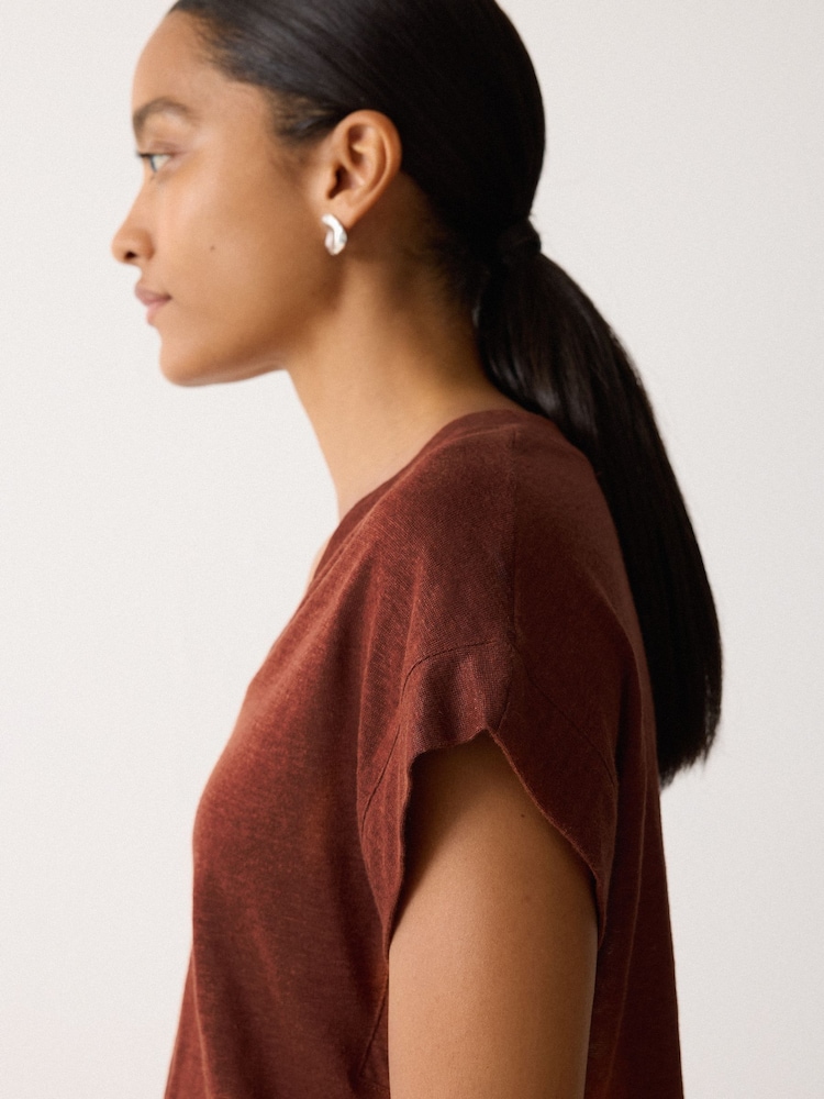Jigsaw Brown Linen V-Neck T-Shirt - Image 2 of 5 Jigsaw Brown Linen V-Neck T-Shirt - Image 2 of 5