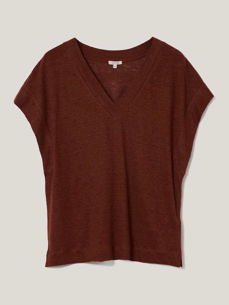 Jigsaw Brown Linen V-Neck T-Shirt - Image 5 of 5 Jigsaw Brown Linen V-Neck T-Shirt - Image 5 of 5