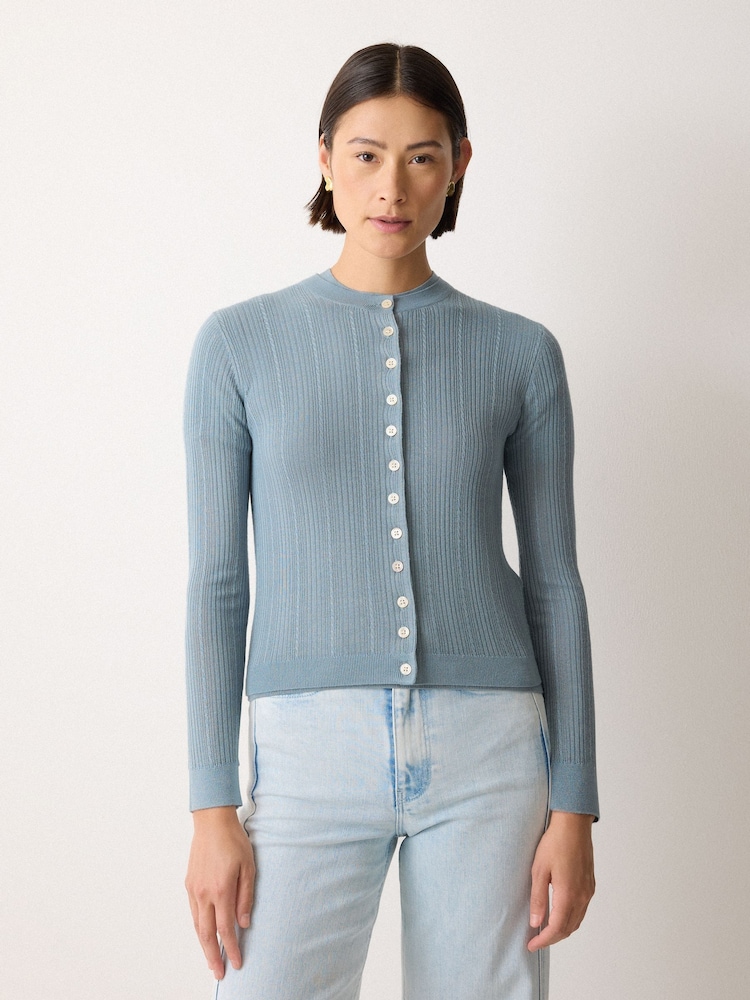 Jigsaw Blue Fine Pointelle Cable Cardigan - Image 1 of 4 Jigsaw Blue Fine Pointelle Cable Cardigan - Image 1 of 4