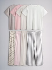 The Set 4 Pack Cotton Short Sleeve Long Leg Pyjama Sets Pink/Taupe Brown/White/Stripe - Image 1 of 7