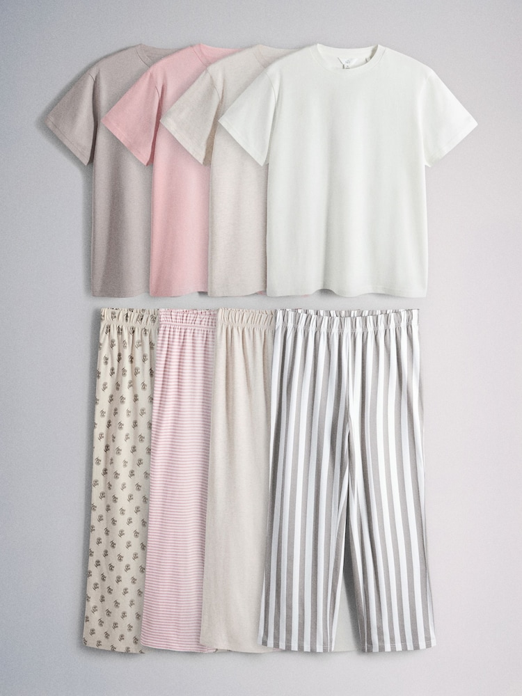 The Set 4 Pack Cotton Short Sleeve Long Leg Pyjama Sets Pink/Taupe Brown/White/Stripe - Image 1 of 7