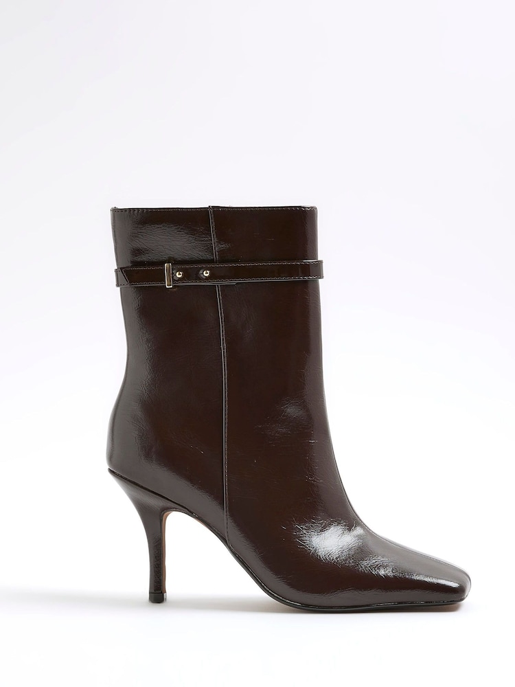 River Island Brown Square Toe Flared Heel Boots - Image 1 of 5 River Island Brown Square Toe Flared Heel Boots - Image 1 of 5