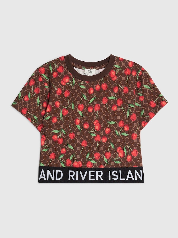 River Island Brown Cherry Monogram Waist Band T-Shirt - Image 1 of 4