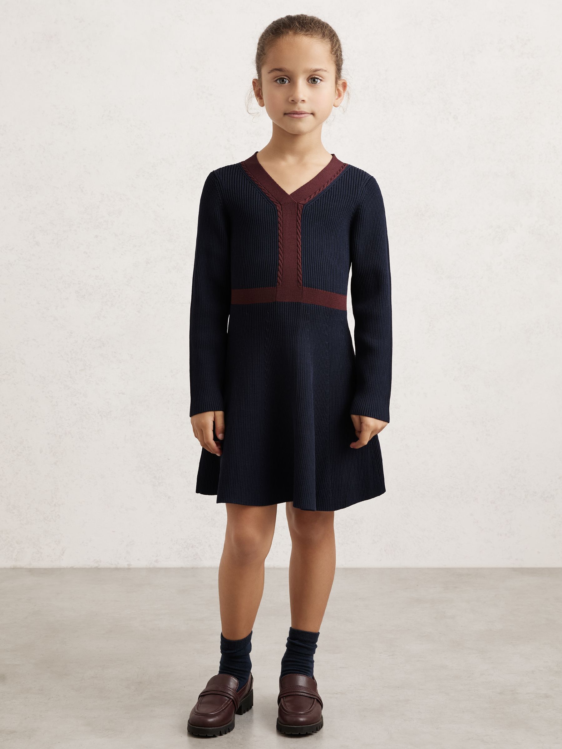 Reiss Navy Craft-stitch Rib-knit Dress In Blue