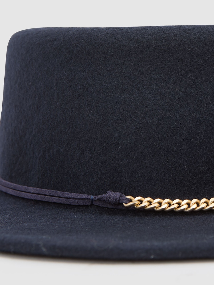 Chain Accent Faux Wool Felt Fedora Mafia Man” Classic black fur felt fedora with rolled brim  main image 4